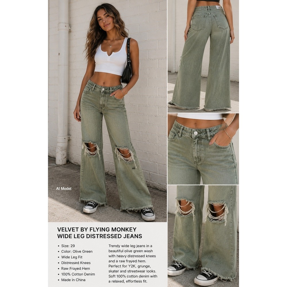 Vervet Flying Monkey Green Wide Leg Distressed Jeans Womens 29 Skater Raw Hem *
